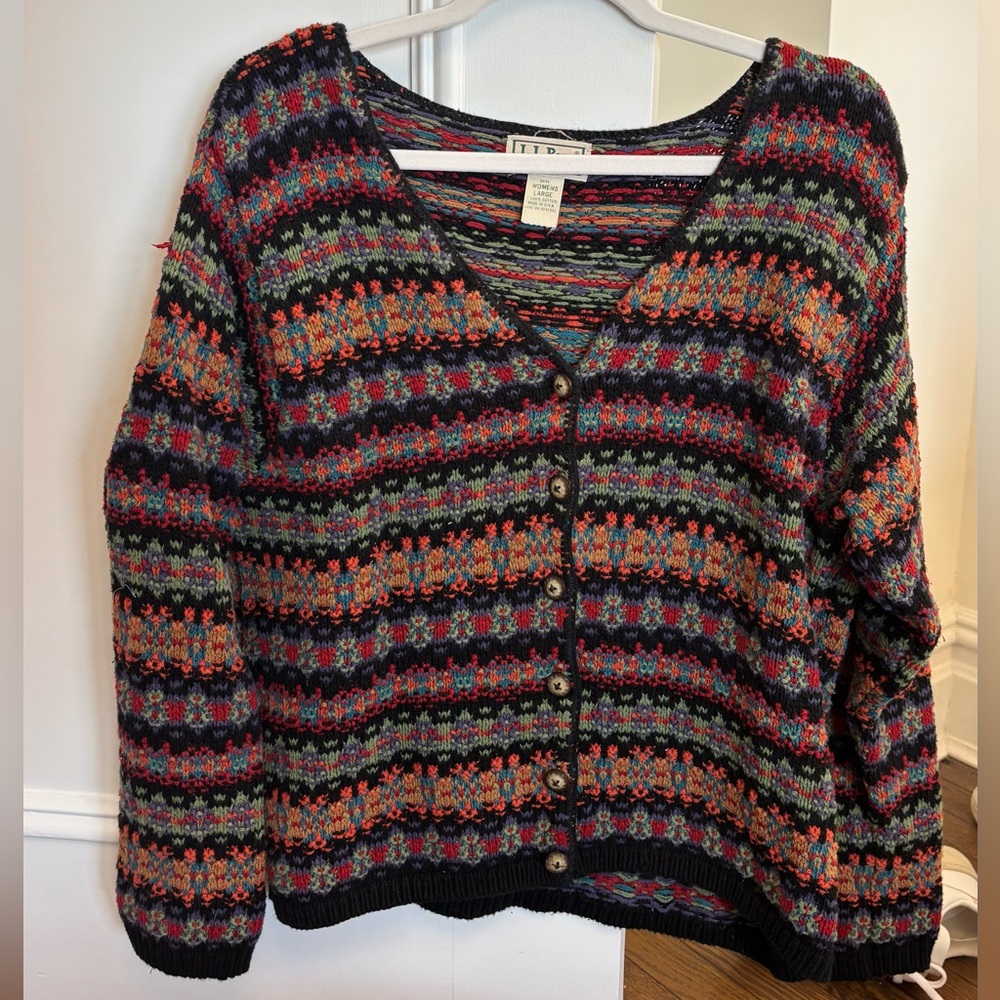 Vintage 1990’s L.L. Bean Multicolor Fair Isle Button‎ Cardigan Made in USA